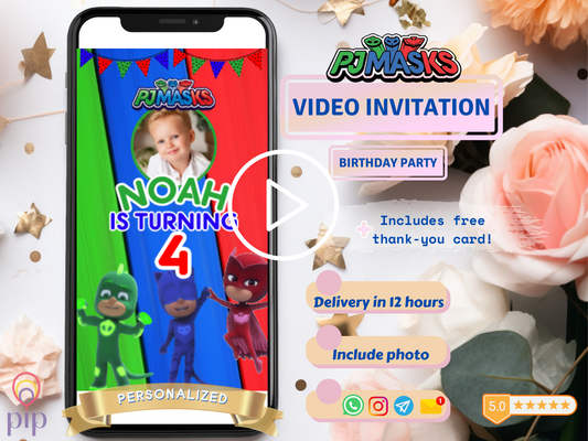 PJ Masks Invitation with Photo | Video Invite | Instant Download