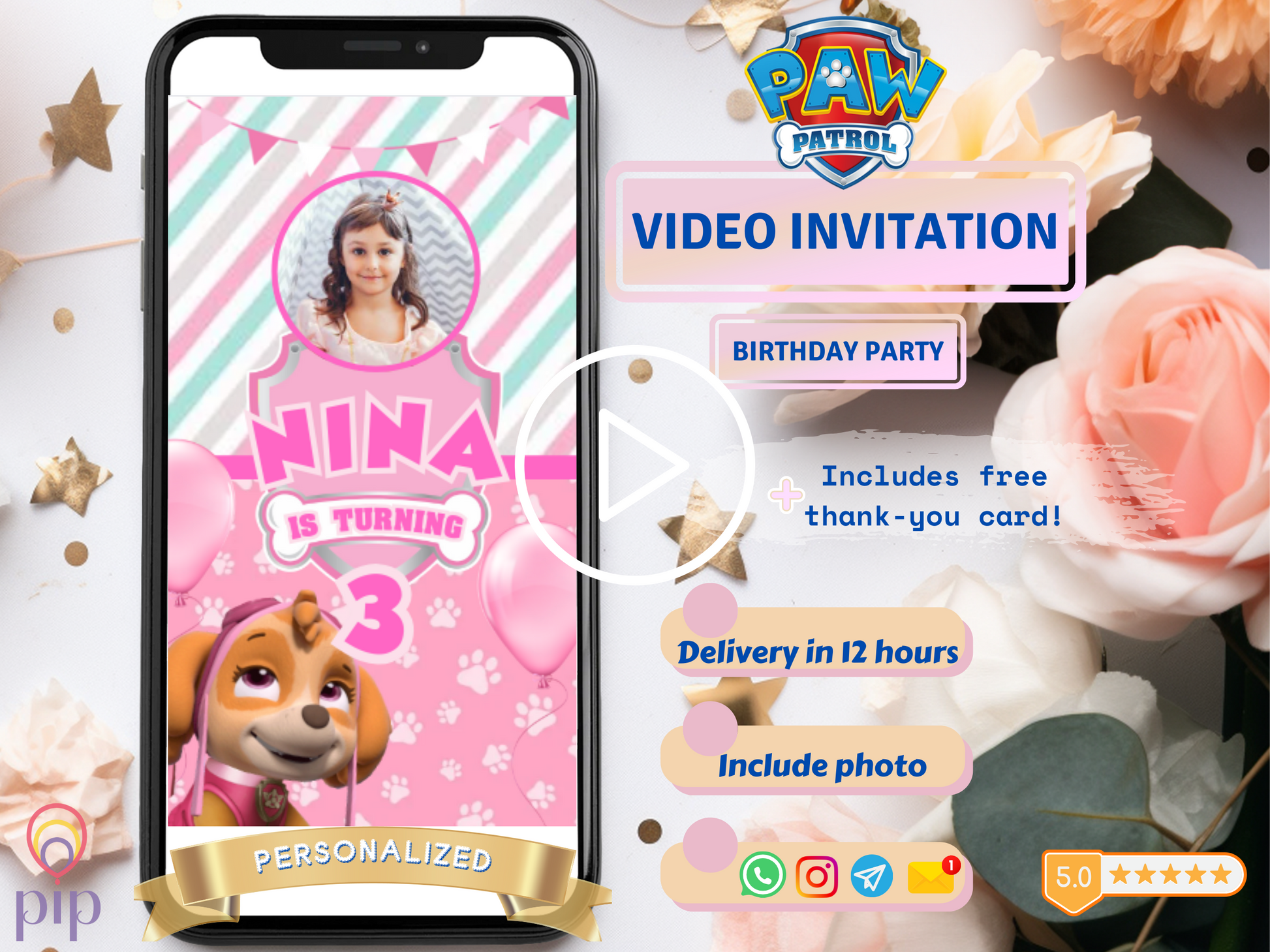 Pink Paw Patrol Skye Invitation | Video Photo Invite | DIY or Done-For-You