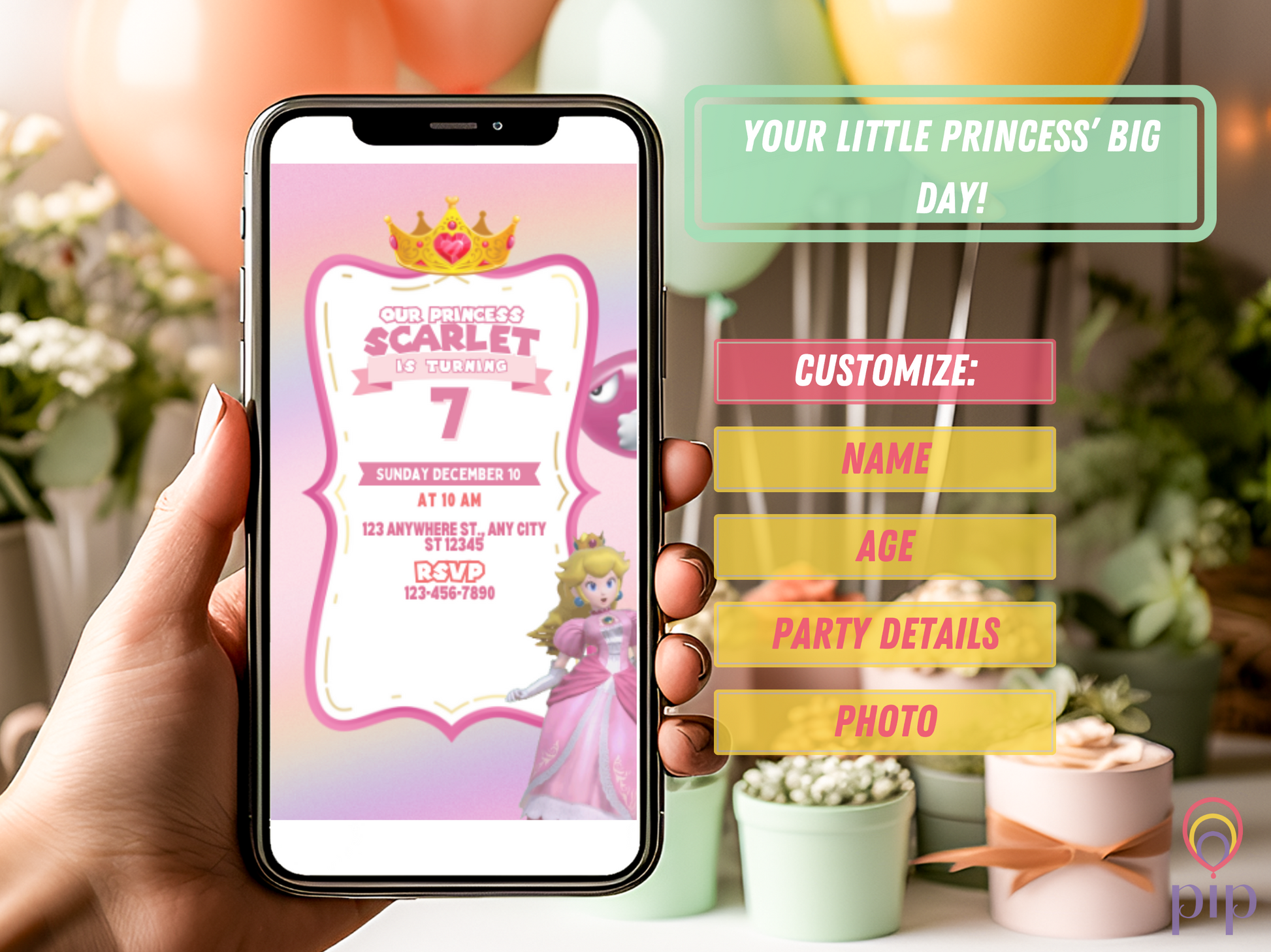 Princess Peach Invitation with Photo | Video Invite | Instant Download