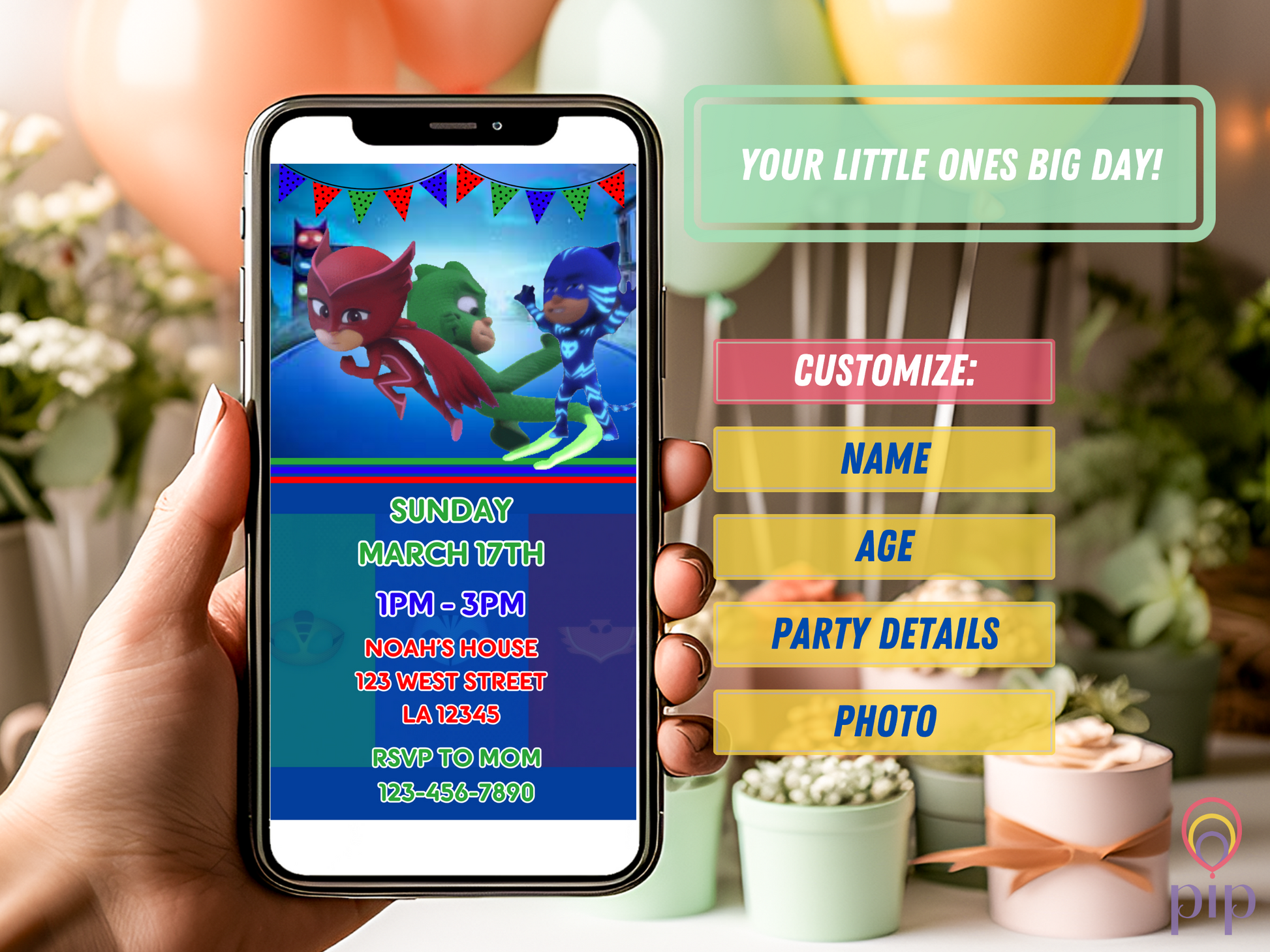 PJ Masks Invitation with Photo | Video Invite | Instant Download