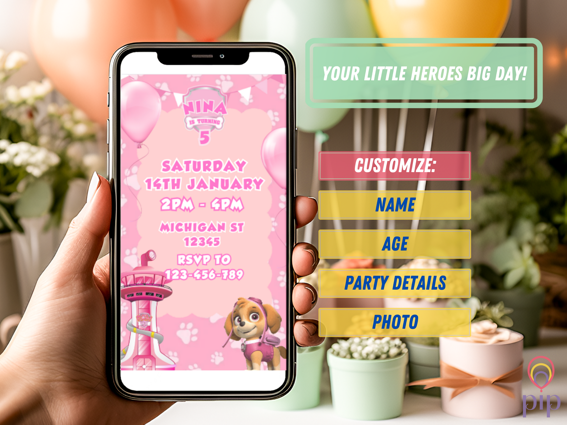 Pink Paw Patrol Skye Invitation | Video Photo Invite | DIY or Done-For-You