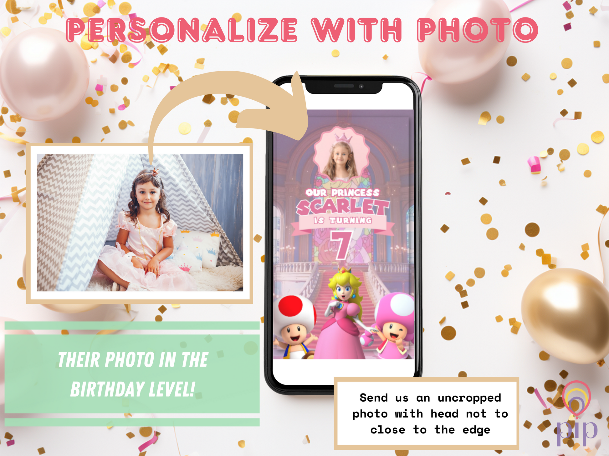 Princess Peach Invitation with Photo | Video Invite | Instant Download