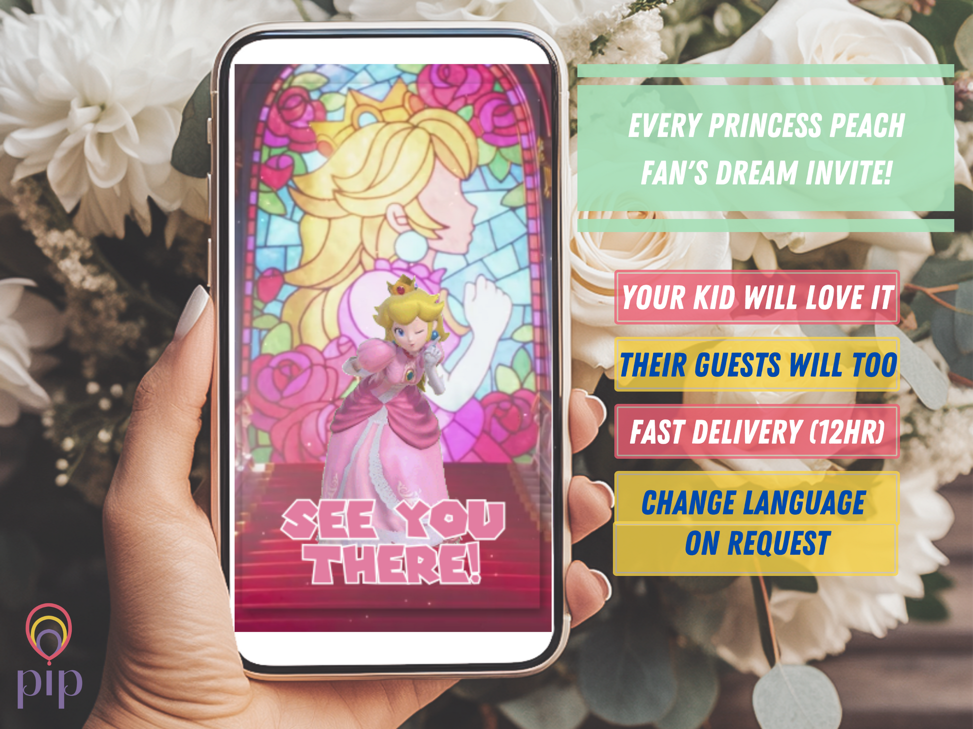 Princess Peach Invitation with Photo | Video Invite | Instant Download
