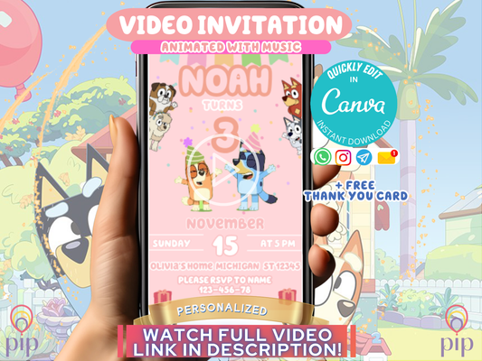 Pink Bluey Invitation | Video Invite | Instant Download or Done-For-You