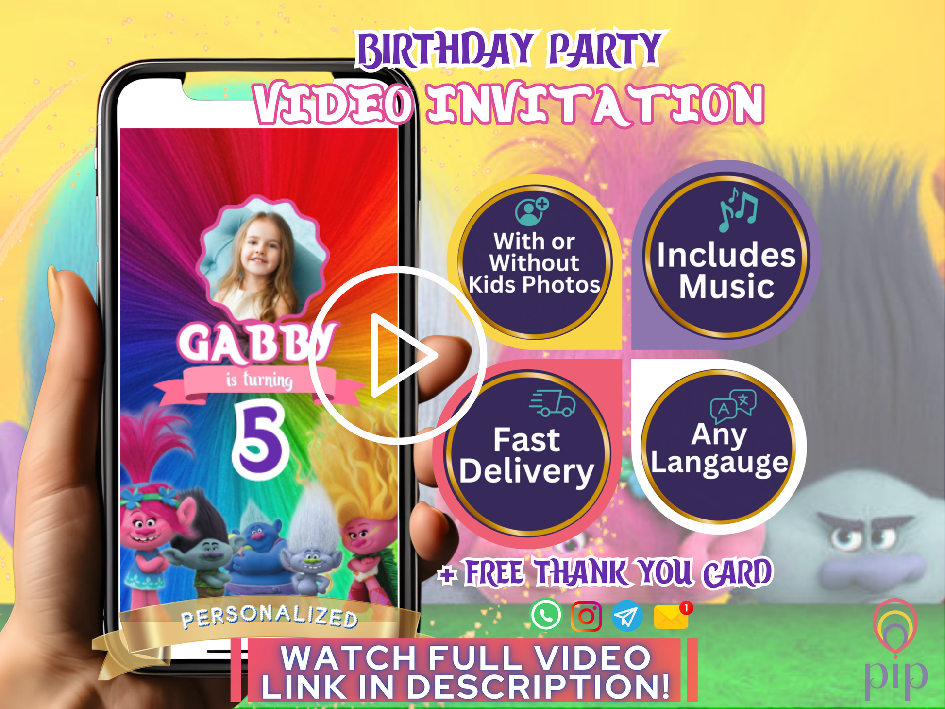 Trolls Invitation with Photo | Video Invite | Instant Download