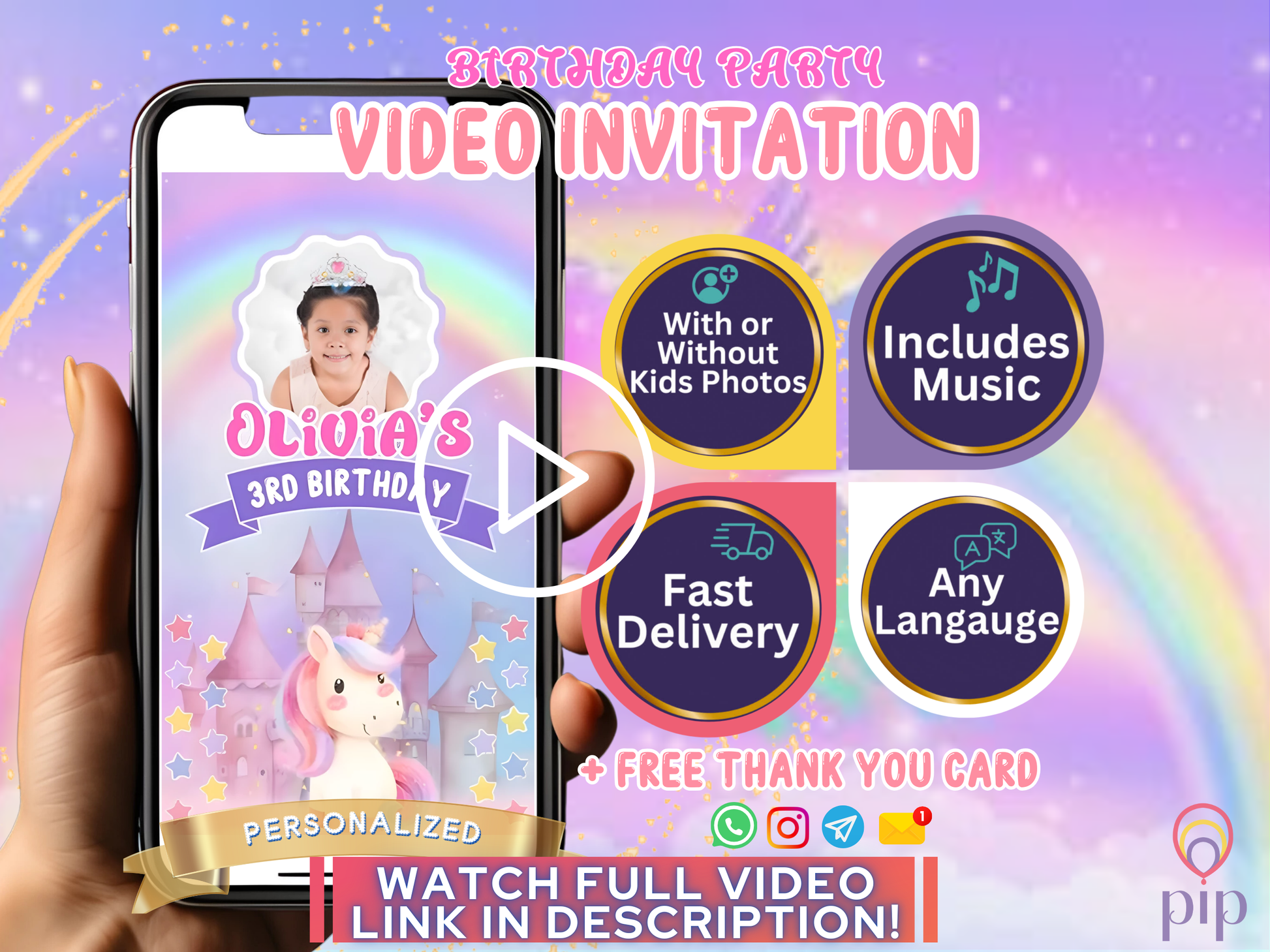 Unicorn Invitation with Photo | Video Invite | Instant Download